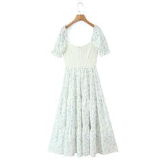 Blue Floral Puff Sleeve Corset Lace Up Midi Dress