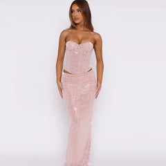 Pink Sequin Tube Top And Maxi Skirt Set