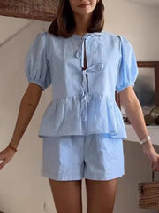 Front Tie Plaid Puff Sleeve Peplum Shirt And Shorts Set