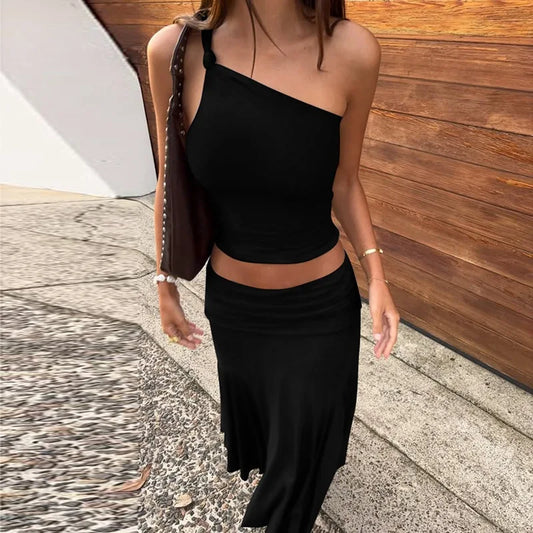 One Shoulder Crop Top And Solid Midi Skirt Set