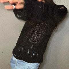 Long Sleeve Hollowed Distressed Knitted Pullover Top