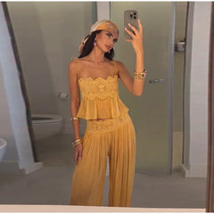 Lace Embroidered Square Neck Sheer Crop Top And Wide Pants Set