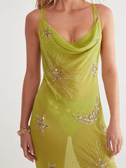 Sequin Embroidery Cowl Long Dress