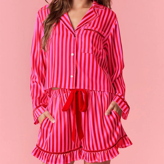 Stripe Solid Trim Long Sleeve Button Down Shirt And Ruffle Shorts Sleepwear Set