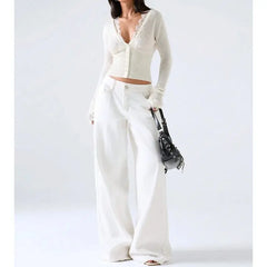 White Lace Trim Long Sleeve Button Down Knit Top