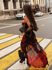 Rose Print Ruffles Hem Maxi Dress