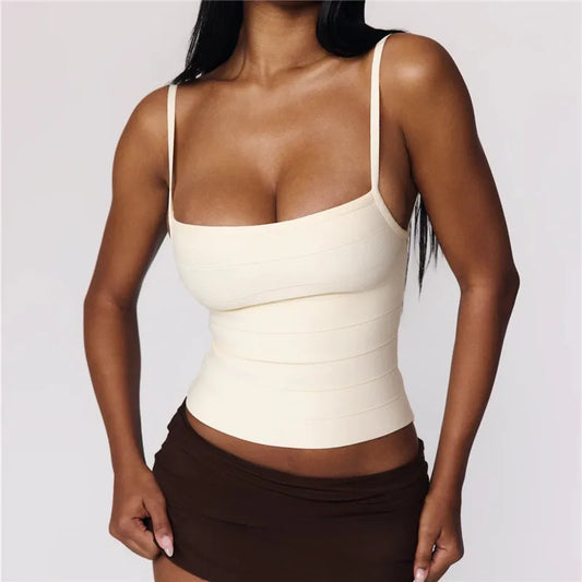 Bandage Ribbed Square Neck Spaghetti Strap Cropped Top