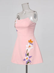 Pink Strapless Floral Embroidered Mini Dress