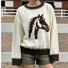 Round Neck Horse Head Print Sweater