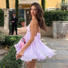 Purple Chiffon Deep V Neck A-line Mini Dress