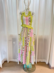 Halter Keyhole Ruffle  Floral Patchwork Print Maxi Dress