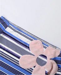 Blue Off-Shoulder Striped Floral Print Tee