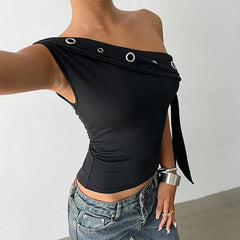 Asymmetrical Ribbon Metal Eyelet One-Shoulder Top