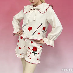 Heart Flower Embroidery Long Sleeve Doll Collar Top and Shorts Pj Set