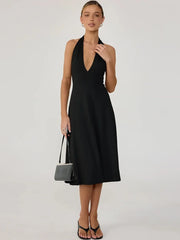 Halter Deep V-Neck Flared Midi Dress
