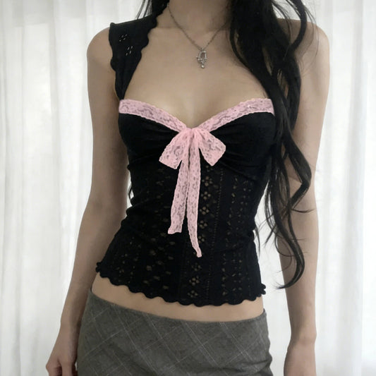 Black Knit Bow Trim Crop Top