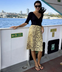 Snake-skin Printed High Waist Midi Skirt