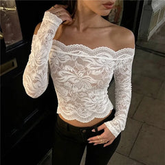 Off Shoulder Sheer Lace Crop Top