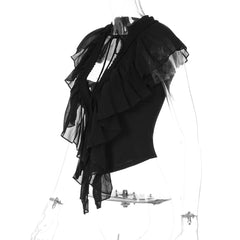 Black Chiffon Ruffle Trim V-Neck Tie Front Flutter Sleeve Sheer Crop Top