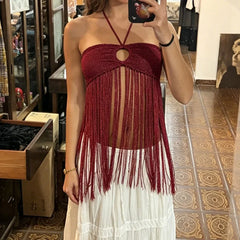 Fringe Tassel Halter Knit Ring Cutout Top