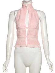 Pink Ruched Halter Open Back Top And Fur Sequin Shorts Set