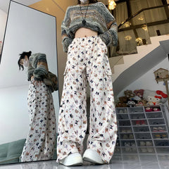 White Cats Print Cargo Pants