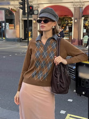 Turn-down Collar Knitted Diamond Loose Sweater