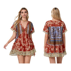 Floral Print Short Sleeve V-Neck Ruffled Hem Loose Mini Dress with Pockets
