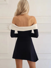 Patchwork Off Shoulder Long Sleeve High Waist Mini Dress