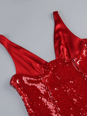 Red Deep V-Neck Sequin Long Dress