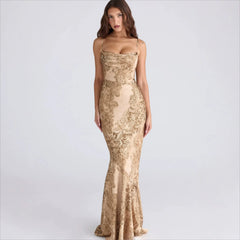 Brown Printed Satin Strappy Maxi Dress