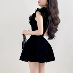 Ruffle Sleeve High Neck Velvet Black Mini Dress