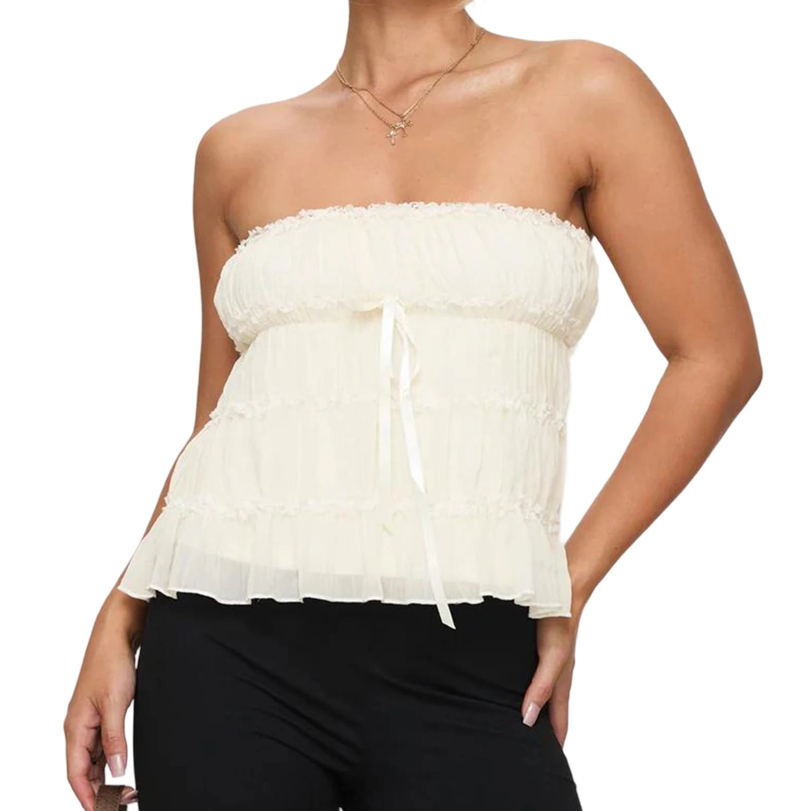 White strapless top worn by a person 
