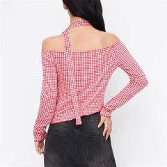 Red Off Shoulder Plaid Top With Ribbon Scarf