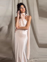 Satin Halter Neck 3D Flower Long Dress