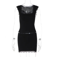 Black Lace Patchwork Top And Mini Skirt Set