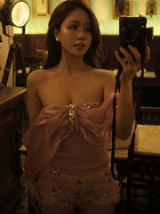 Pink Mesh Sequin Applique Slash Neck Top