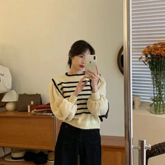 Black & White Striped Knit Patchwork Sleeve Pullover - Free From Label