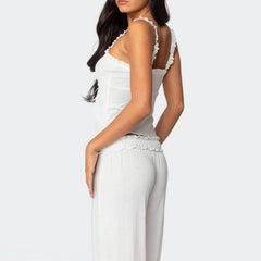 White 3D Bow Frill Trim Crop Top And Long Pants Lounge Set