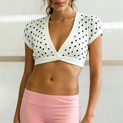 Polka Dot V-Neck Short Sleeve Button Crop Top