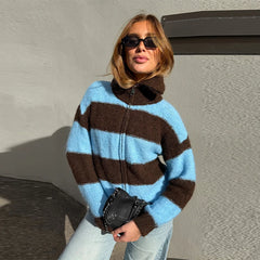 Striped Zip Up Collar Sweater