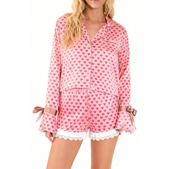 Long Sleeve Heart Print Tops and Elastic Waist Shorts Loungewear Set