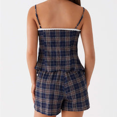 Plaid Lace Trim Cami Top with Shorts Pajama Set