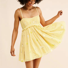 Floral Embroidery Smocked Sleeveless Mini Dress