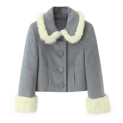 Grey Button Up Fur Trim Collar Crop Jacket And Shorts Set