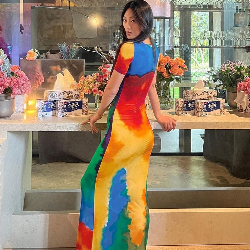 Short Sleeve Rainbow Tie Dye Print Maxi Dress