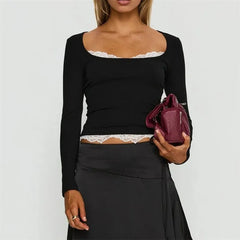 Square Neck Long Sleeve Lace Trim Top