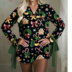 Christmas Long Sleeve Cartoon Print Shirt And Shorts Set