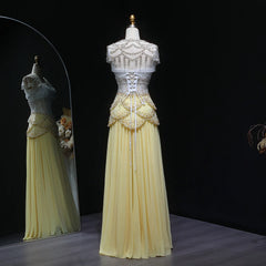 Cape Sleeve Chiffon Tiered Petals Sequined Pearl Embellished Gown