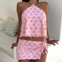 Pink Printed Tie-Up Top And Mini Skirt Set